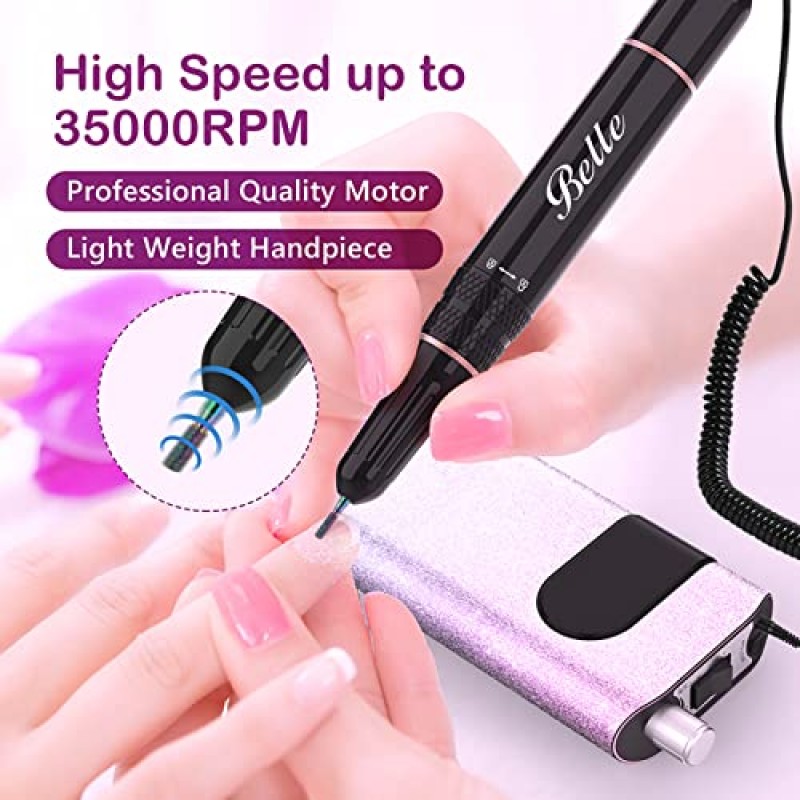 300Pcs 6 색 샌딩 밴드가있는 벨 전문 네일 드릴 머신, 35000RPM 6PCS 비트가있는 휴대용 코어리스 모터 전기 네일 파일, 아크릴 네일 케어 세트 용 충전식 Efile