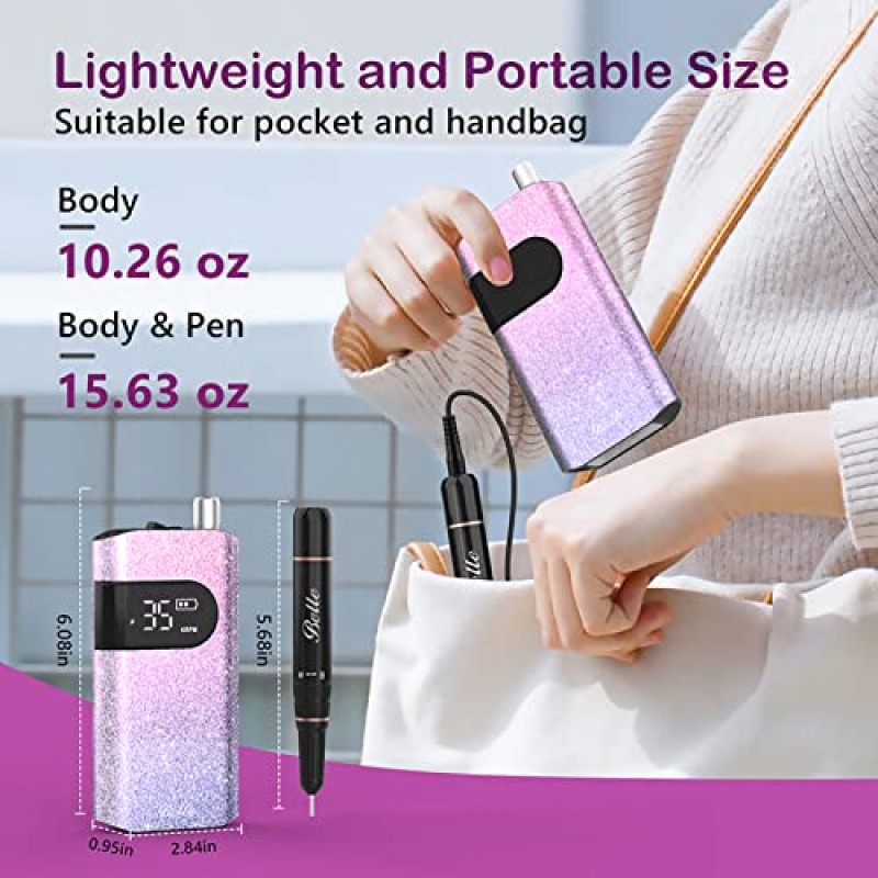 300Pcs 6 색 샌딩 밴드가있는 벨 전문 네일 드릴 머신, 35000RPM 6PCS 비트가있는 휴대용 코어리스 모터 전기 네일 파일, 아크릴 네일 케어 세트 용 충전식 Efile
