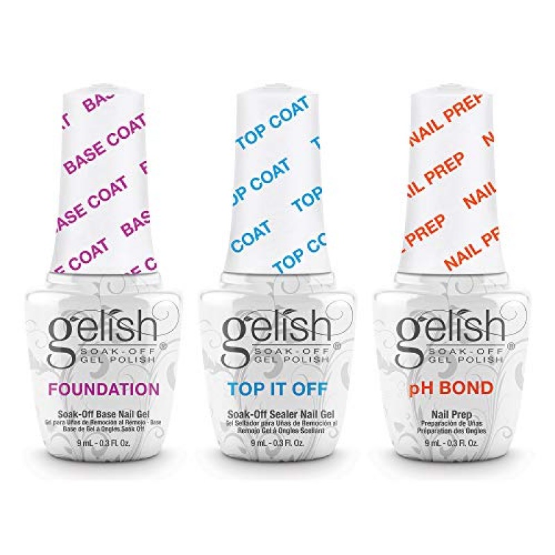 Gelish Terrific Trio Essentials 15mL Basix 케어 키트, 9mL 쉬머링 젤 네일 폴리시 컬렉션 및 매트/글로스 듀오 탑 잇 오프 담그 오프 클리어 코트