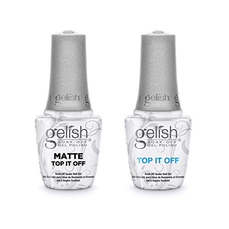 Gelish Terrific Trio Essentials 15mL Basix 케어 키트, 9mL 쉬머링 젤 네일 폴리시 컬렉션 및 매트/글로스 듀오 탑 잇 오프 담그 오프 클리어 코트