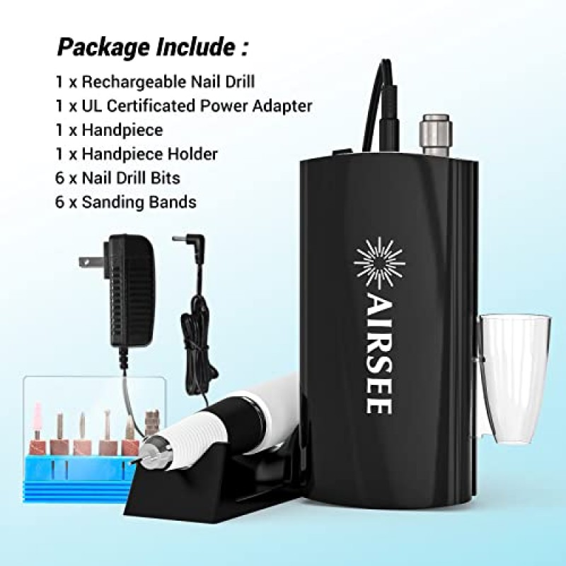 AIRSEE 전문 충전식 30000 RPM 네일 드릴 머신 휴대용 Efile 전기 네일 파일 무선 매니큐어 페디큐어 세트 6비트 및 샌딩 밴드가 있는 아크릴 젤 네일 그라인더 도구