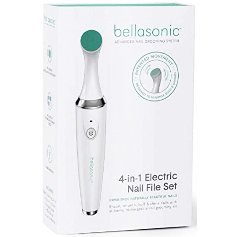 BELLASONIC 4-in-1 충전식 전동 네일 파일 세트(독특한 진동 헤드 포함) - 모양이 매끄럽고 광택이 있고 광택이 나는 손톱 - 큐티클 및 굳은살 제거 - 살롱 품질 매니큐어 페디큐어 결과