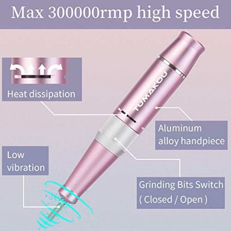 휴대용 전기 네일 드릴 머신 - TUMAKOU 30000RPM 전문 충전식 전기 네일 E 파일 파일러 - 2000mAh 전원 은행 - 아크릴 손톱 젤 천연 네일용 네일 드릴 파일 세트 키트