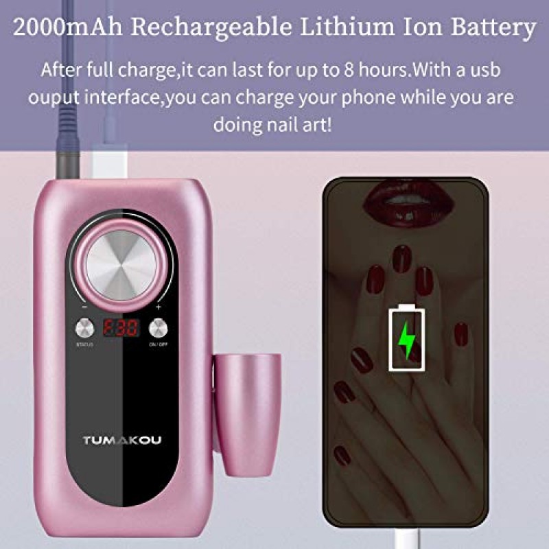 휴대용 전기 네일 드릴 머신 - TUMAKOU 30000RPM 전문 충전식 전기 네일 E 파일 파일러 - 2000mAh 전원 은행 - 아크릴 손톱 젤 천연 네일용 네일 드릴 파일 세트 키트