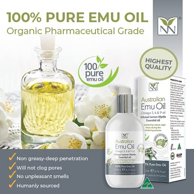 Y-Not 천연 초순수 호주 에뮤 오일 - 럭셔리, 병원 등급 에뮤 오일 200ml - 레몬 머틀이 함유된 원주민 오메가 3,6 및 9 오일 함유 - 피부, 모발, 손톱 및 두피를 위한 최고의 보습제