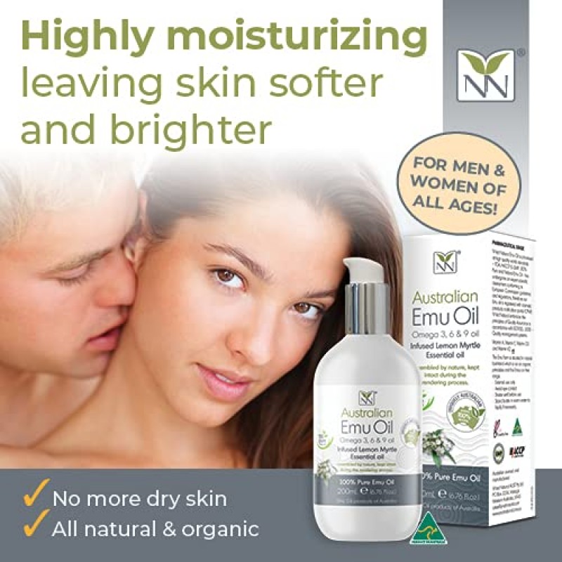 Y-Not 천연 초순수 호주 에뮤 오일 - 럭셔리, 병원 등급 에뮤 오일 200ml - 레몬 머틀이 함유된 원주민 오메가 3,6 및 9 오일 함유 - 피부, 모발, 손톱 및 두피를 위한 최고의 보습제