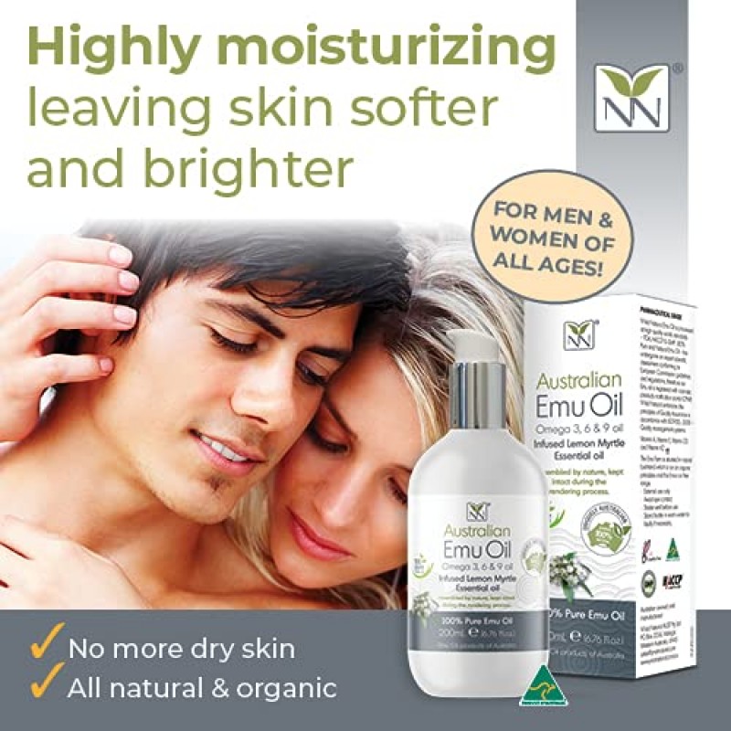 Y-Not 천연 초순수 호주 에뮤 오일 - 럭셔리, 병원 등급 에뮤 오일 200ml - 레몬 머틀이 함유된 원주민 오메가 3,6 및 9 오일 함유 - 피부, 모발, 손톱 및 두피를 위한 최고의 보습제