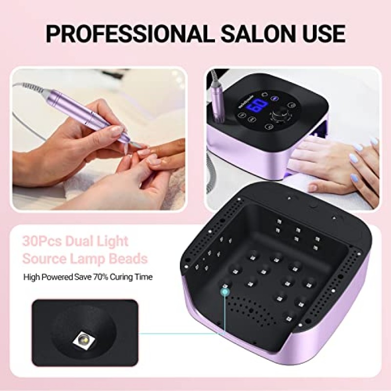 MelodySusie Professional 2 in 1 네일 드릴(네일 램프 포함), 아크릴 젤 폴리 네일 제거 및 경화, 살롱 가정용 4개 타이머 설정 센서가 포함된 30000RPM 네일 건조기
