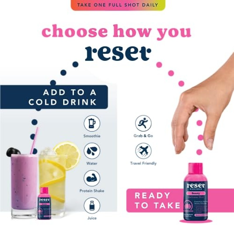 RESET 바이오사이언스 뷰티샷 보충제 | 모발, 피부, 손톱에 영양 공급 | 빛나고 빛나는 안색 지원 | 베리 맛 음료 (15팩)