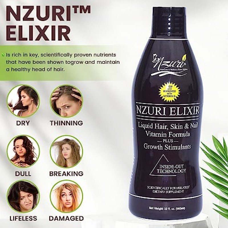 Nzuri Elixir 모발 피부 및 손톱 여성과 남성을 위한 비타민, 일일 성장을 위한 비오틴, 엽산, 비타민 D 함유 건조함, 가늘어짐 및 탈모 감소를 위한 보충제, 32 oz. 4병