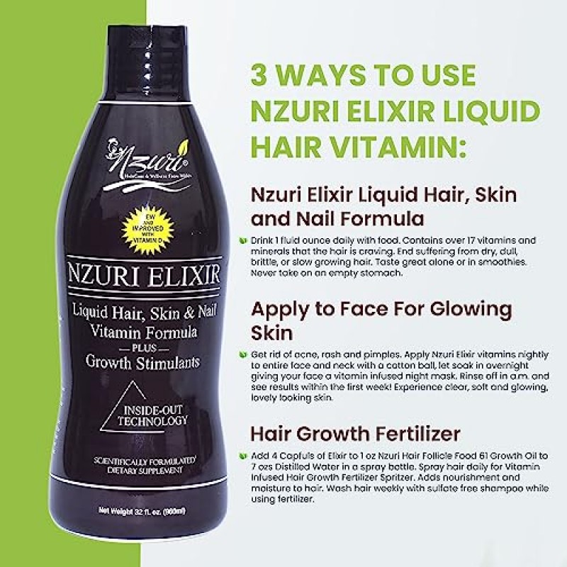 Nzuri Elixir 모발 피부 및 손톱 여성과 남성을 위한 비타민, 일일 성장을 위한 비오틴, 엽산, 비타민 D 함유 건조함, 가늘어짐 및 탈모 감소를 위한 보충제, 32 oz. 4병