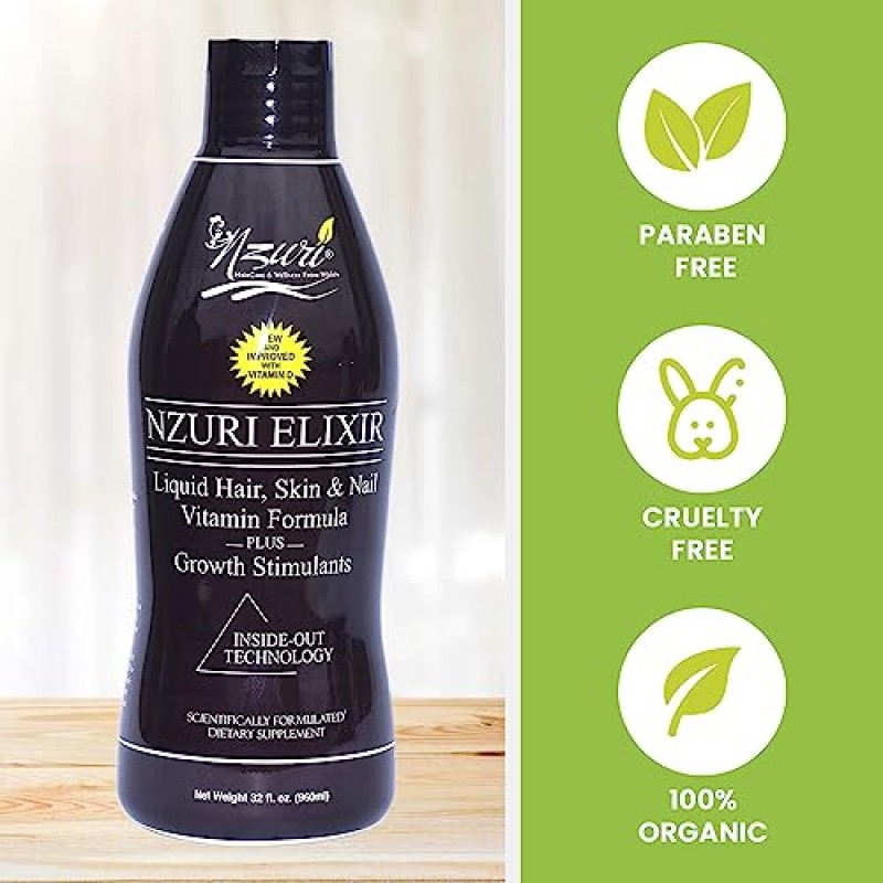 Nzuri Elixir 모발 피부 및 손톱 여성과 남성을 위한 비타민, 일일 성장을 위한 비오틴, 엽산, 비타민 D 함유 건조함, 가늘어짐 및 탈모 감소를 위한 보충제, 32 oz. 4병
