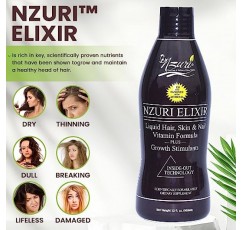 Nzuri Elixir 모발 피부 및 손톱 여성과 남성을 위한 비타민, 일일 성장을 위한 비오틴, 엽산, 비타민 D 함유 건조함, 가늘어짐 및 탈모 감소를 위한 보충제, 32 oz. 4병