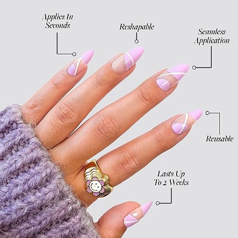 Glamnetic Press On Nails - 네일 글루에 브러시가 포함된 수 레트로 컬렉션 | 그루비 그린, 퍼플 파워, 핑크 소용돌이 | 재사용 가능한 미디엄 아몬드 네일