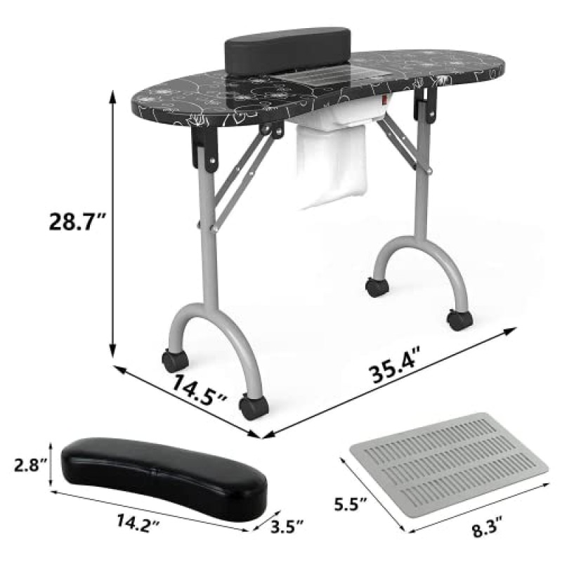 매니큐어 네일 테이블 - 휴대용 접이식 네일 스테이션, 기술자용 매니큐어 테이블 네일 테이블, 네일 데스크 집진기, 잠글 수 있는 바퀴 4개, 휴대용 가방 35.4인치 x 14.5인치 x 28.7인치, 흑백