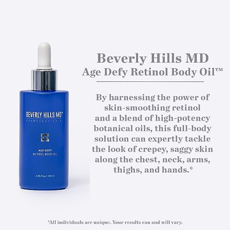 Beverly Hills MD 에이지 디파이 레티놀 바디 오일 - 마룰라를 사용하여 주름 감소, 리프팅, 탄력 및 탄력 강화 - 수화 크레이프 피부 및 콜라겐 지원 - 처진 피부를 위한 노화 방지 - 가슴, 목, 팔, 손, 허벅지