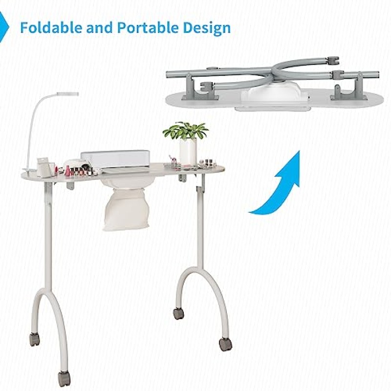 TABU 휴대용 매니큐어 네일 테이블, 집진기 팬이 포함된 접이식 매니큐어 테이블, LED 램프, 잠글 수 있는 바퀴 4개 및 휴대용 가방, 손목 쿠션이 포함된 전문가용 네일 데스크(흰색)