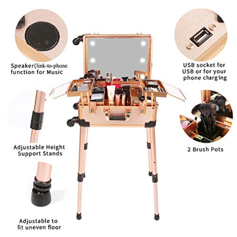 코드 잠금 장치, 조명 거울, 스피커 여행용 화장품 정리 상자, 전문 아티스트 트롤리 스튜디오 프리 스탠딩 케이스가 포함된 Jula Vance 중형 메이크업 트레인 케이스