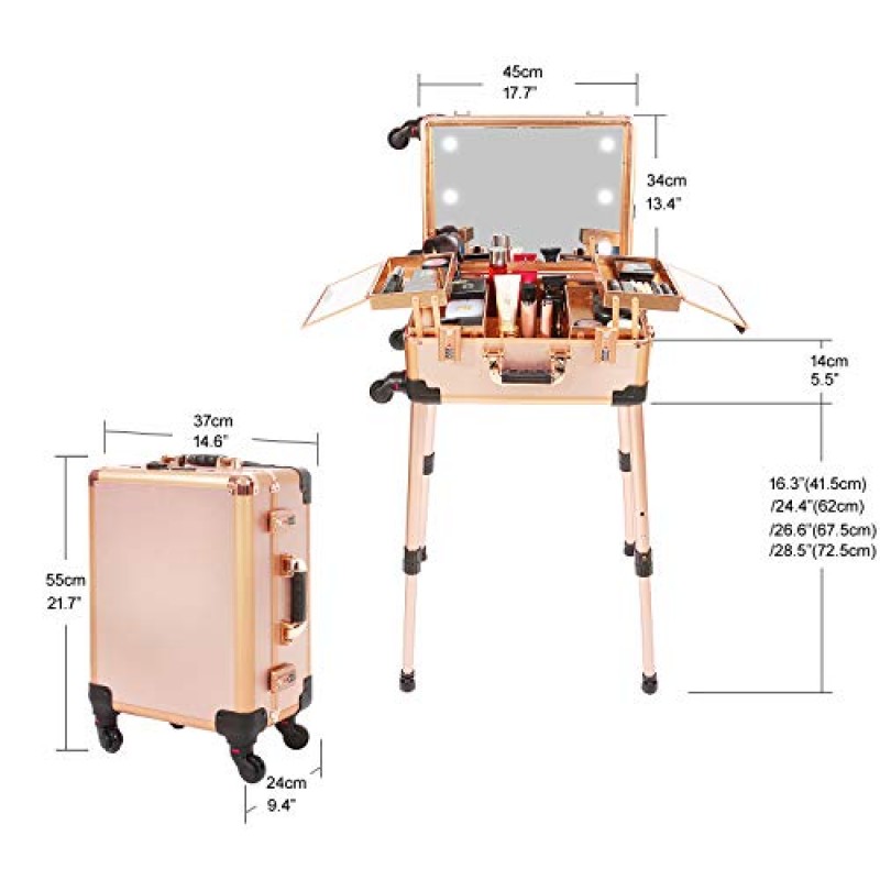 코드 잠금 장치, 조명 거울, 스피커 여행용 화장품 정리 상자, 전문 아티스트 트롤리 스튜디오 프리 스탠딩 케이스가 포함된 Jula Vance 중형 메이크업 트레인 케이스