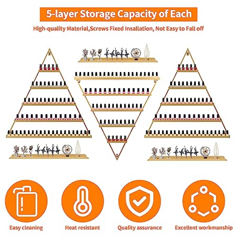 6PCS 금속 매니큐어 랙 벽 마운트, 5 계층 골드 삼각형 디스플레이 랙 홈 스파 네일 살롱 숍을위한 에센셜 오일 향수 스토리지 랙