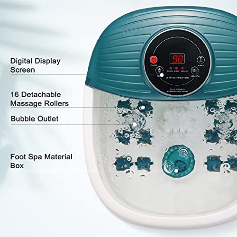 열, 거품, 진동, 16개의 제거 가능한 롤러(모터 구동되지 않음), 95-118°F 온도 조절 기능이 있는 페디큐어 발 스파 및 집에서 발을 위한 재료 상자가 포함된 발 스파 목욕 마사지기