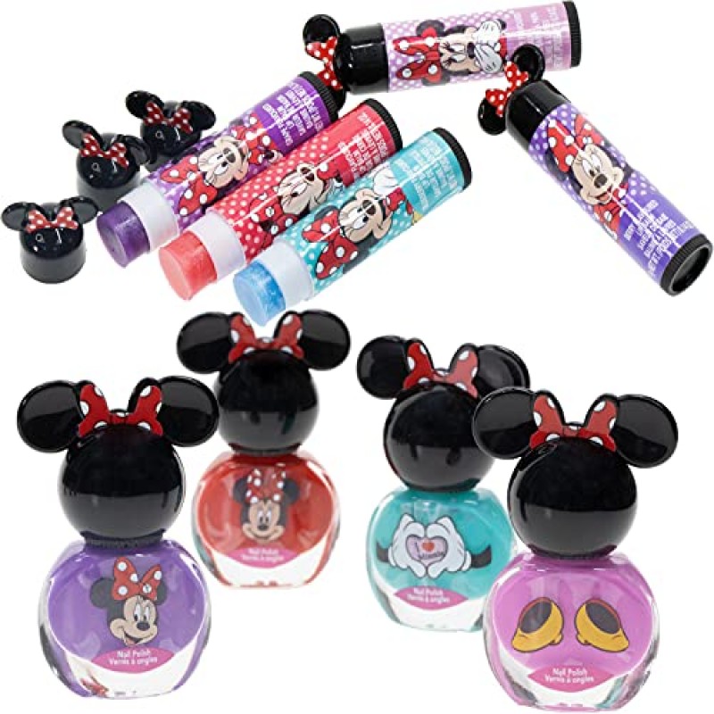 Townley Girl 디즈니 미니 마우스 반짝이는 화장품 메이크업 세트(립밤 포함 소녀용) 매니큐어 네일 스티커-35개|파티에 적합 잠자기 화장|3세 이상의 소녀, 어린이를 위한 생일 선물