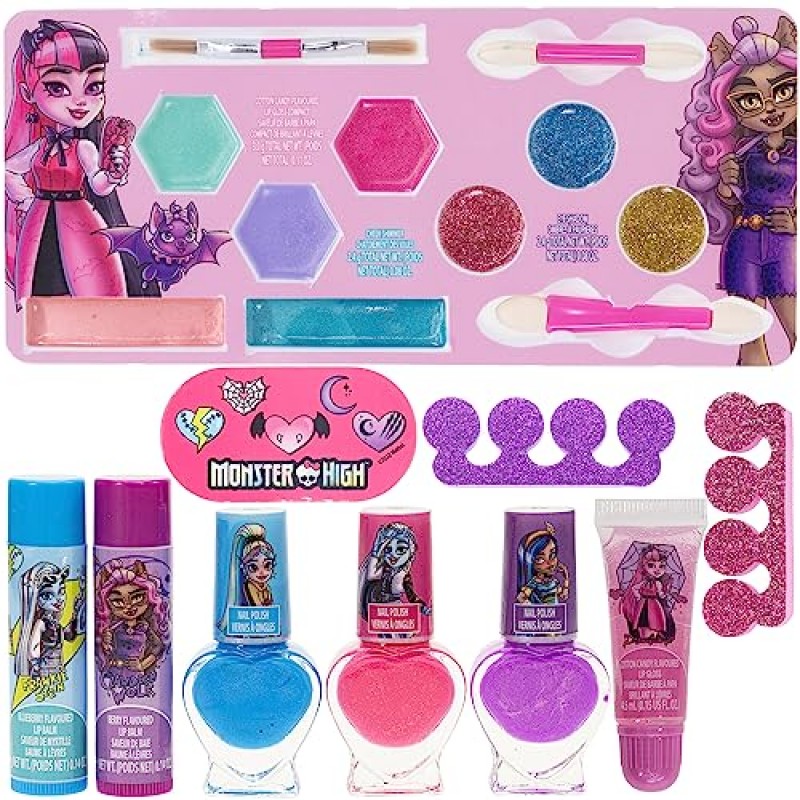 Monster High - 어린이를 위한 타운리 걸 트레인 케이스 메이크업 세트, 립 글로스, 아이 쉬머, 매니큐어, 브러쉬 등이 포함되어 있습니다! 파티, 외박, 화장에 적합합니다. 무독성, 6세 이상