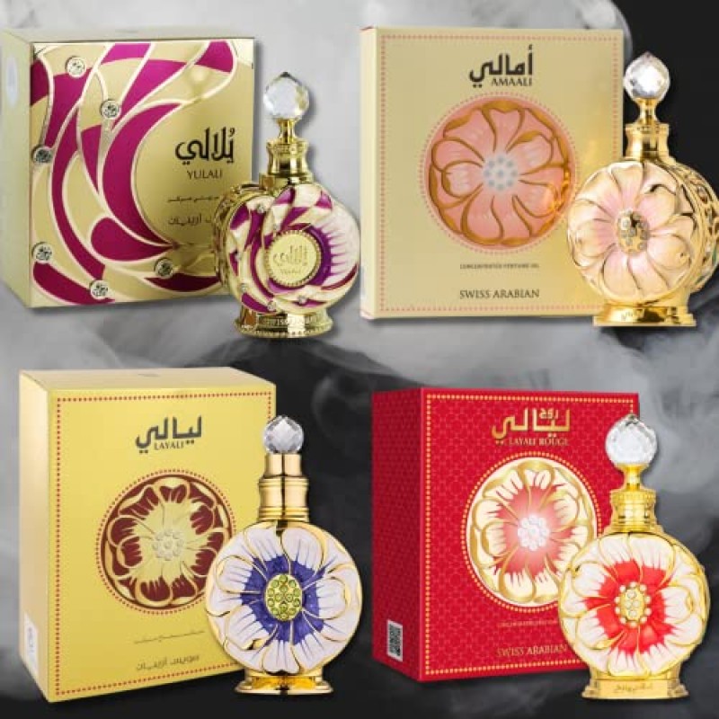 Swiss Arabian Amazing Collection Layali,Yulali,Amaali & Layali Rouge 농축 향수 오일 15ML(0.5Oz). (놀라운 컬렉션)