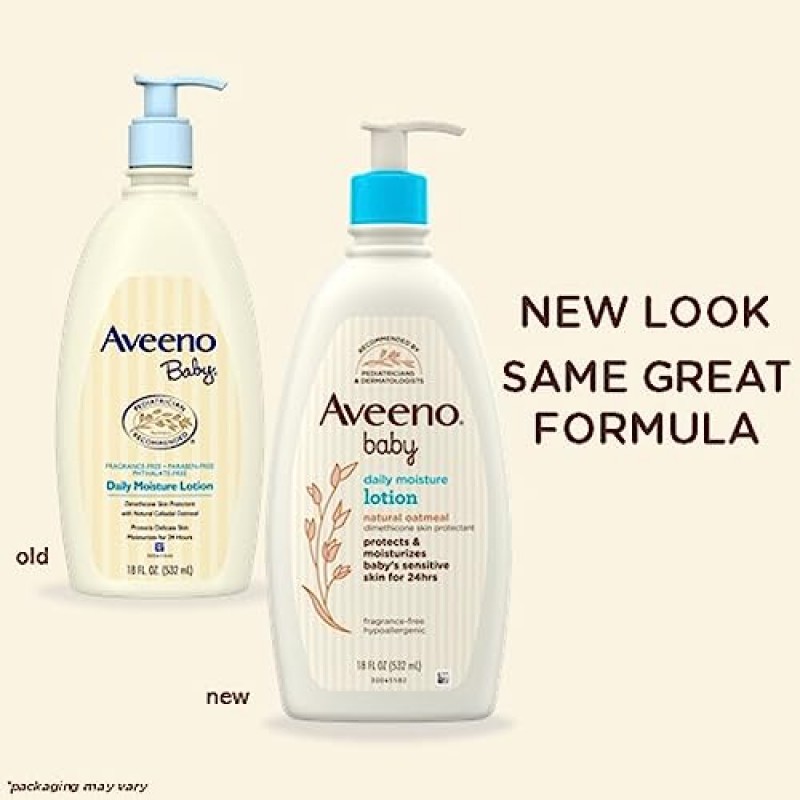 Aveeno 베이비 데일리 모이스처 모이스처라이징 로션, 천연 콜로이드 오트밀 및 다이메티콘 함유, 저자극성, 향료, 프탈레이트 및 파라벤 무첨가, 18 fl. oz(패키지는 다를 수 있음)