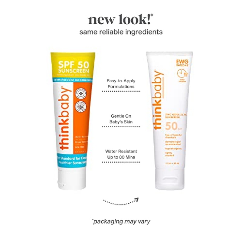 Thinkbaby SPF 50+ 유아용 자외선 차단제 – 아기를 위한 안전하고 천연 자외선 차단제 - 방수 선 크림 – 광범위한 스펙트럼 UVA/UVB 자외선 차단 – 비건 미네랄 선 로션, 3온스