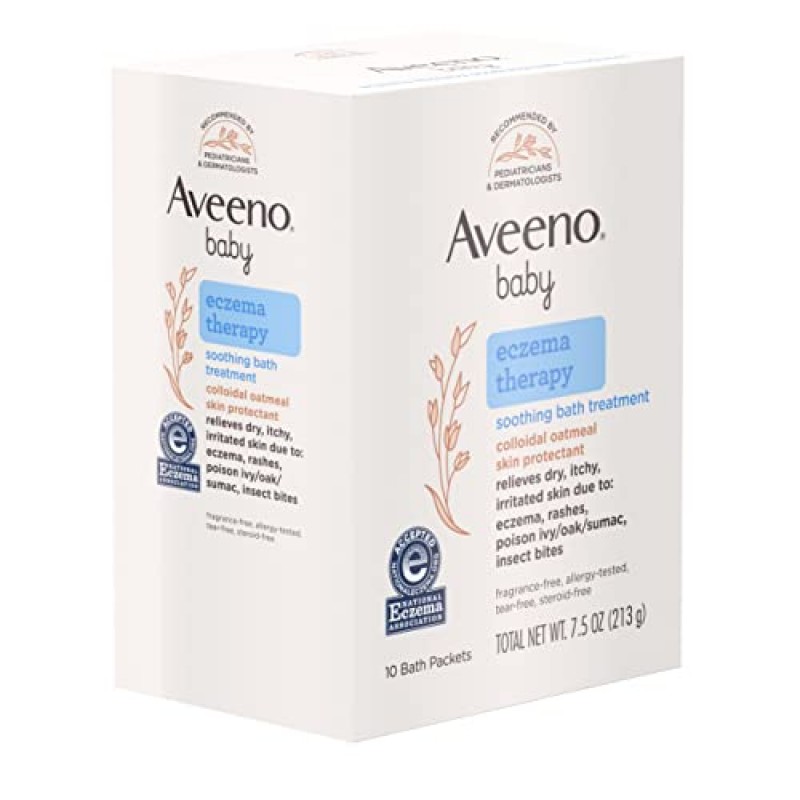 Aveeno Baby Eczema Therapy 건조하고 가렵고 자극된 피부를 완화하는 진정 목욕 트리트먼트, 천연 콜로이드 오트밀로 제조, 향, 파라벤, 스테로이드 및 눈물 없음, 10ct