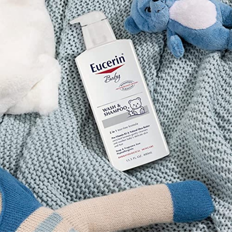 Eucerin 베이비 워시 & 샴푸 - 2 in 1 티어 프리 포뮬러, 저자극성, 무향, 민감한 피부에 영양을 공급하고 진정시켜줍니다 - 13.5 Fl Oz (3팩)