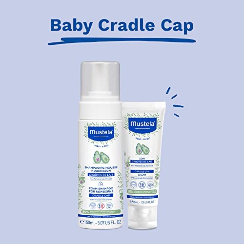 신생아용 Mustela 크래들 캡 폼 샴푸 - 천연 아보카도 함유 베이비 샴푸 - 찢어짐 방지 및 무향 - 5.07 fl. 온스