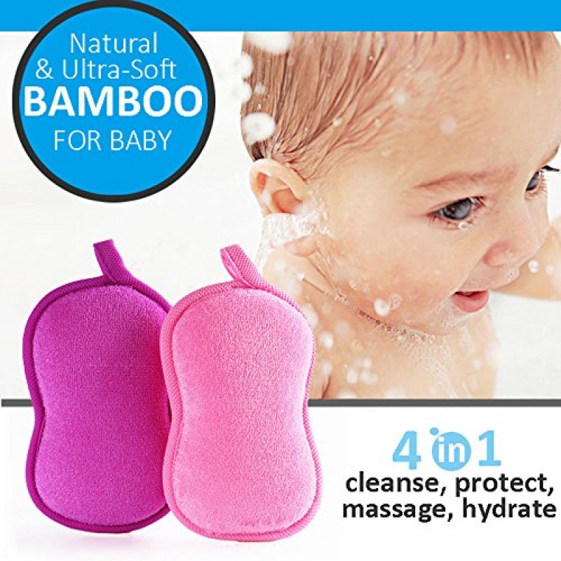 BabaMate 천연 대나무 아기 목욕 스폰지 - 2 팩 - 아기 피부를 위한 매우 부드럽고 흡수성 스폰지 - 핑크 바이올렛