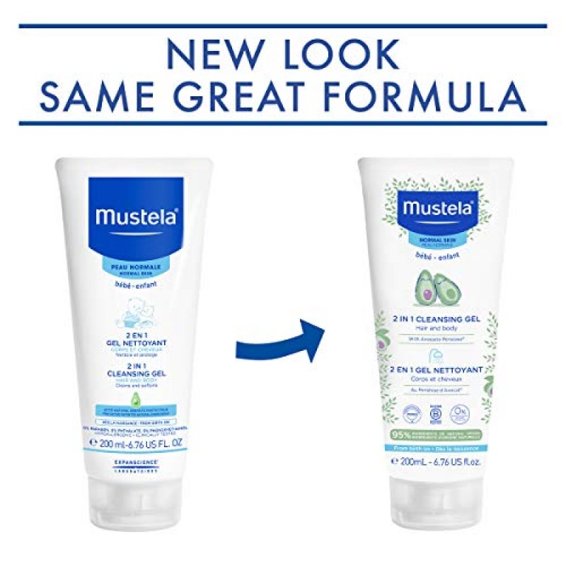 Mustela 베이비 2-in-1 클렌징 젤 - 베이비 바디 & 헤어 클렌저 - 천연 아보카도 함유 - 생분해성 포뮬러 및 찢어짐 방지 - 6.76 fl. 온스 - 1팩 또는 2팩