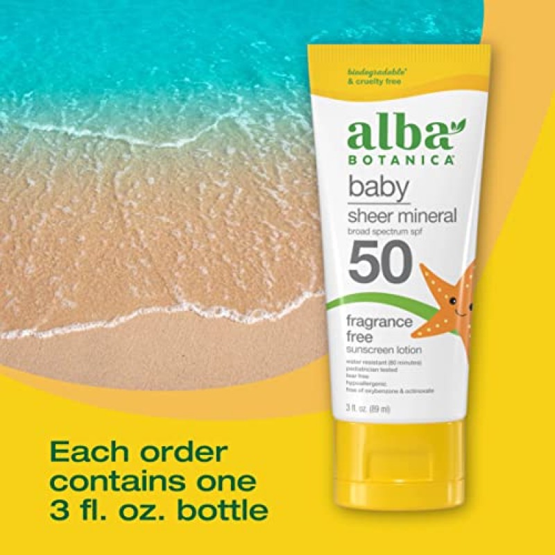 Alba Botanica 얼굴 및 몸용 베이비 자외선 차단제, 쉬어 미네랄 자외선 차단제 로션, 광범위한 스펙트럼 SPF 50, 방수 및 무향, 3 fl. 온스 튜브(포장은 다를 수 있음)