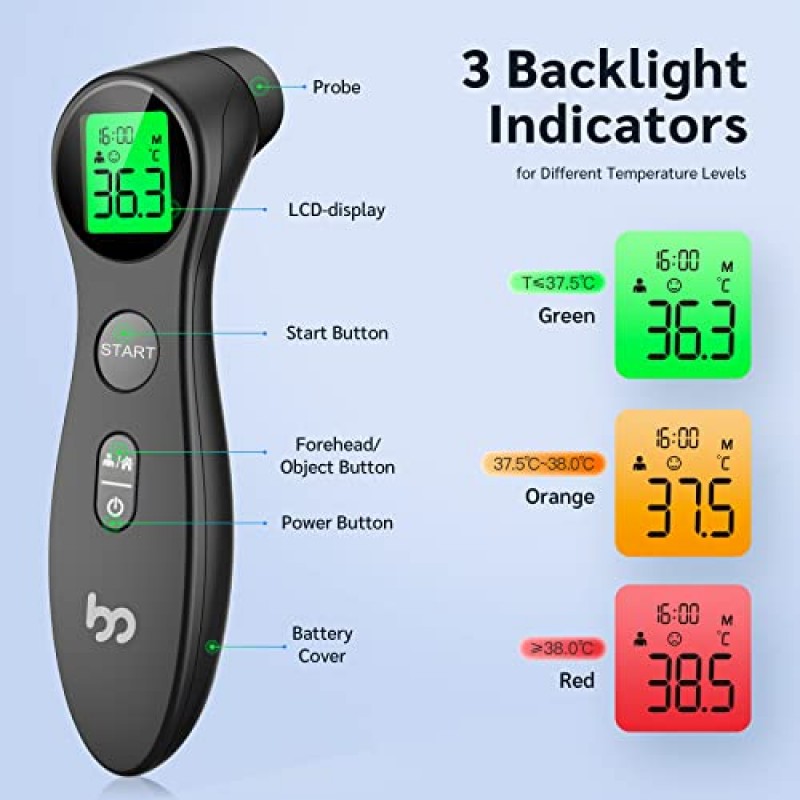 Femometer 이마 온도계, 발열 경보 기능이 있는 비접촉 적외선 온도계, 가정용 디지털 온도계, 즉각적인 정확도 판독값, FSA 적격, 검정색