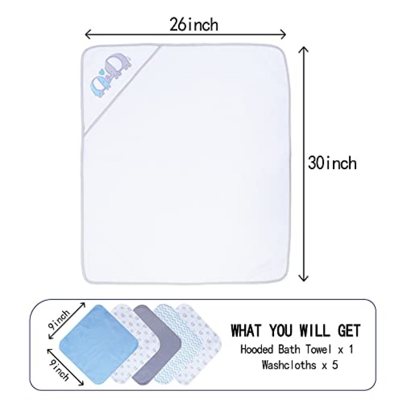 saftan 베이비 목욕 후드 타월 세트(아기 세면수건 5개, 매우 부드럽고 흡수성이 뛰어난 베이비 타월 및 신생아용 얼굴 천, 신생아 남아 및 여아용 베이비 필수품, Gery Elephant)
