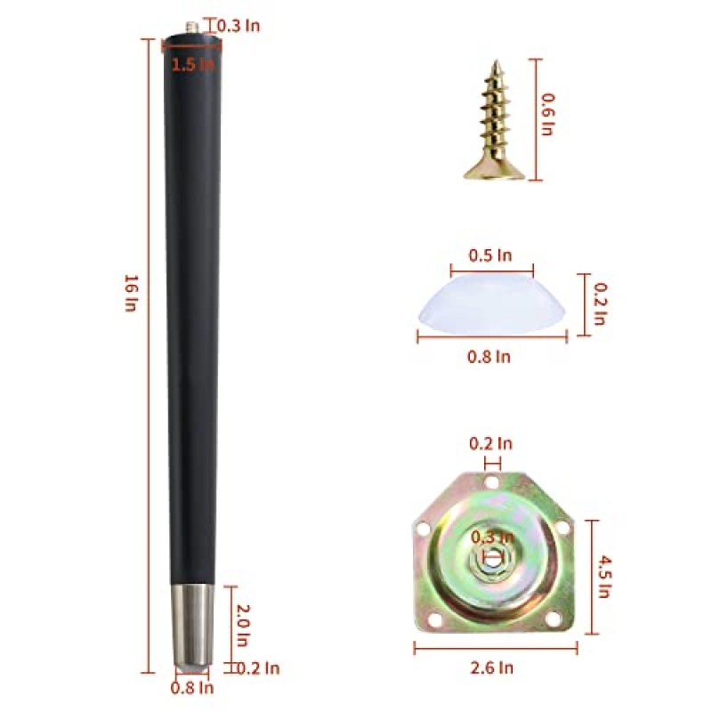 테이블 다리 커피 테이블 엔드 테이블용 금속 가장자리가 있는 16인치 목재 가구 다리 세기 중반 모던 스타일 테이퍼 라운드 DIY 가구 다리 액세서리 포함, 블랙