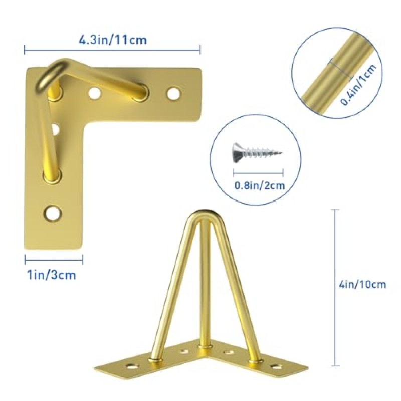 UKOSNA 머리핀 테이블 다리 4 인치 8PCS, 세기 중반 스타일 금속 홈 DIY 헤비 듀티 교체 머리핀 가구 다리 테이블, 커피 테이블, 스탠드, 책상, TV 캐비닛 등을 위한 3개의 막대(골드)