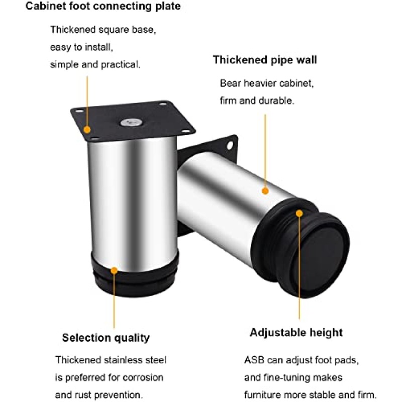 Weideer 4 팩 4 인치 스테인레스 스틸 가구 다리 캐비닛 DIY 가구 + 16pcs 나사 (실버 50x100mm) 에 대 한 조정 가능한 라운드 주방 피트