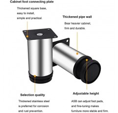 Weideer 4 팩 4 인치 스테인레스 스틸 가구 다리 캐비닛 DIY 가구 + 16pcs 나사 (실버 50x100mm) 에 대 한 조정 가능한 라운드 주방 피트