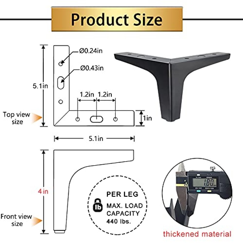 GOSCHE 4 인치 금속 가구 다리 검정색, 가구용 다리 4 개 세트, 드레서 의자 침대 캐비닛 테이블 오토만 찬장 DIY 교체 소파 피트 용 현대식 교체 소파 다리