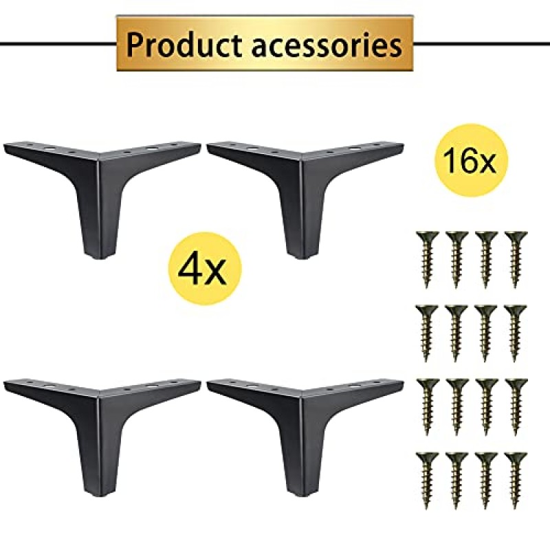 GOSCHE 4 인치 금속 가구 다리 검정색, 가구용 다리 4 개 세트, 드레서 의자 침대 캐비닛 테이블 오토만 찬장 DIY 교체 소파 피트 용 현대식 교체 소파 다리