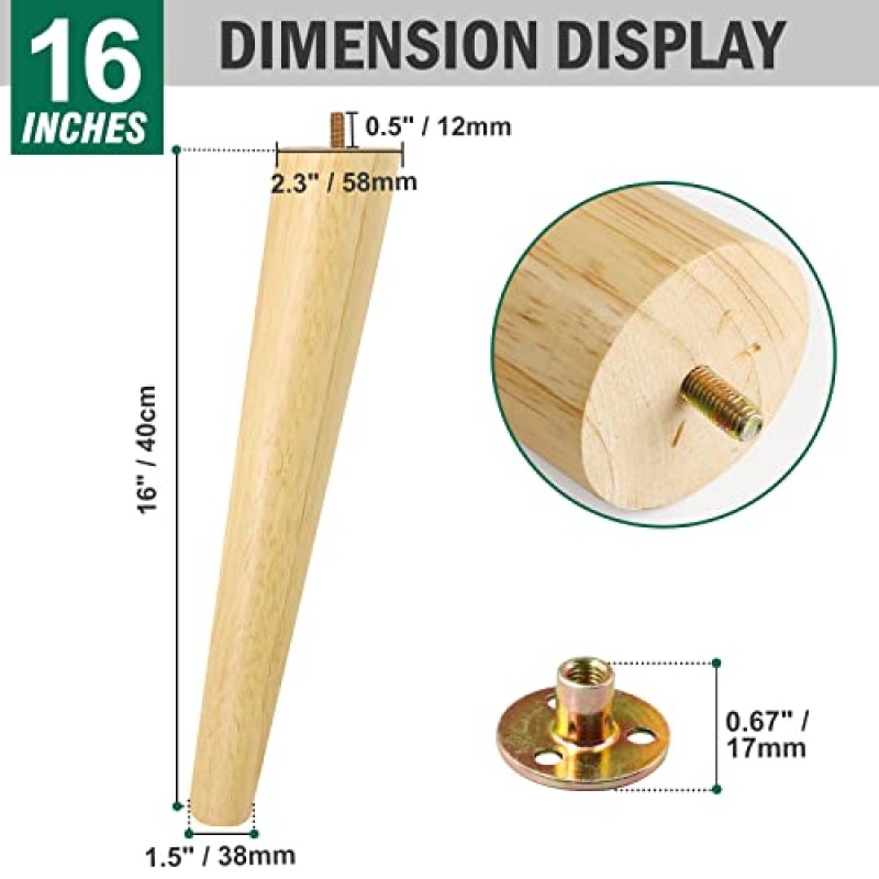 FoDau770 고무 목재 가구 다리 16인치, 기울어진 테이퍼 목재 다리 세기 중반 테이블 다리, 5/16