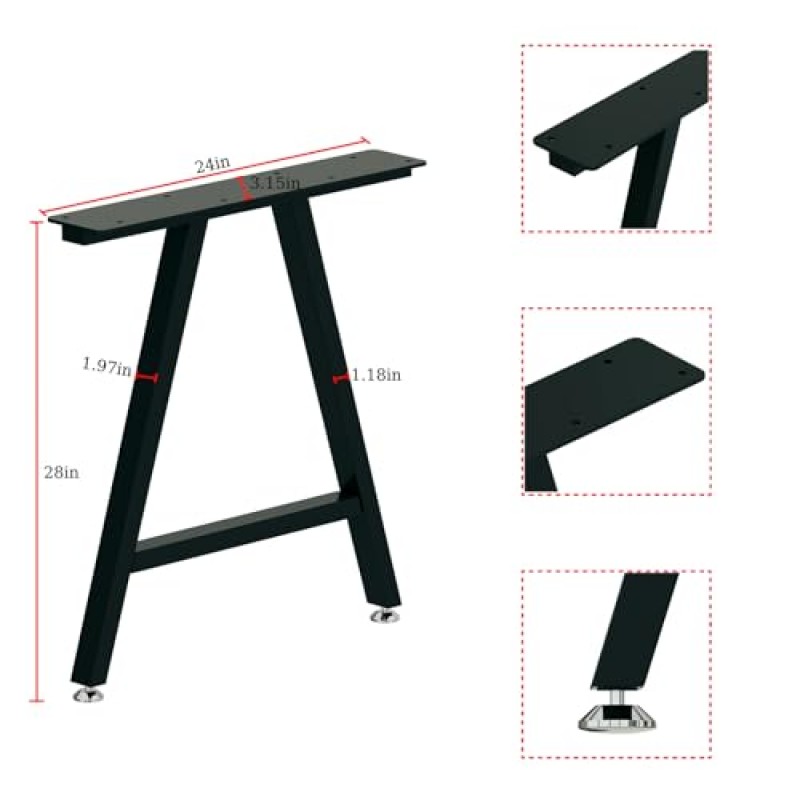 HOMEKAYT 금속 테이블 다리 책상 다리 28인치 높이 x 24인치 너비, DIY 가구용 산업 및 현대식 헤비듀티 테이블 다리, 검정색 테이블 다리, 2개 세트(A 모양)