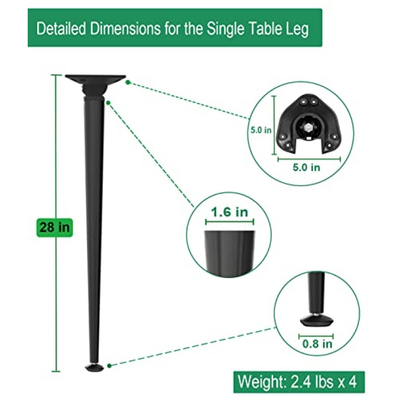 Waaliji 28인치 접이식 테이블 다리 접이식 금속 홈 DIY 가구 다리 원형 또는 사각형 테이블용 조절식 바닥 보호 장치가 있는 접이식 책상 다리, 매트 블랙, 4개 세트
