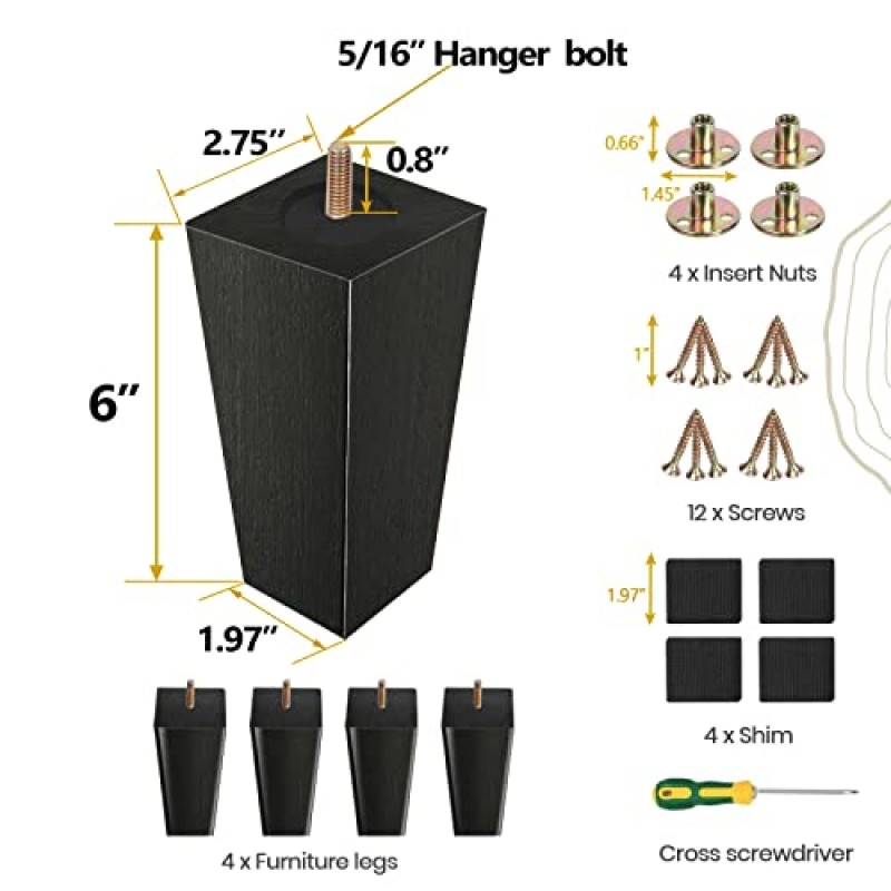 목재 가구 다리 검정색, 소파 다리 6인치, 소파 다리 4개 세트, 교체용 커피 테이블 다리, 가구 또는 DIY 프로젝트용 의자 다리 및 침대 다리. 표면의 천연 나뭇결