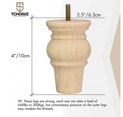 4 인치 나무 가구 다리, Tchosuz 단단한 미완성 롤빵 피트, 5/16 인치 볼트, 현대 중반 세기 조각 소파 소파 피트 가구 교체 다리 DIY 캐비닛 찬장 의자 오토만, 4 개 세트