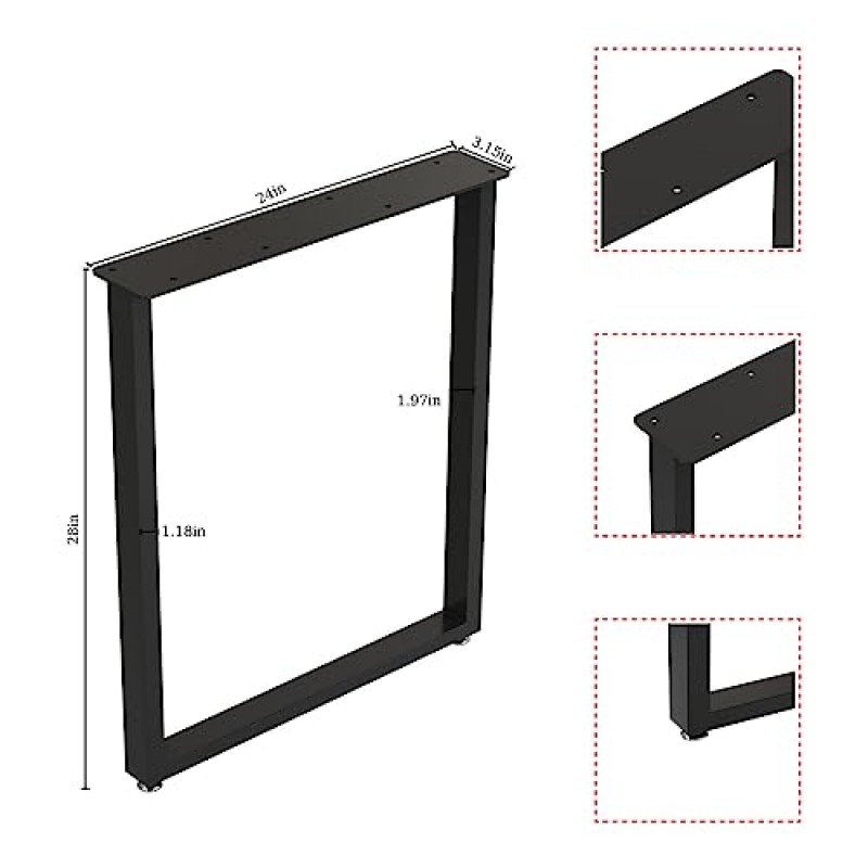 HOMEKAYT 금속 테이블 다리 책상 다리 28인치 높이 x 24인치 너비, DIY 가구용 산업용 및 현대식 헤비듀티 테이블 다리, 검정색 테이블 다리, 2개 세트(직사각형 모양)